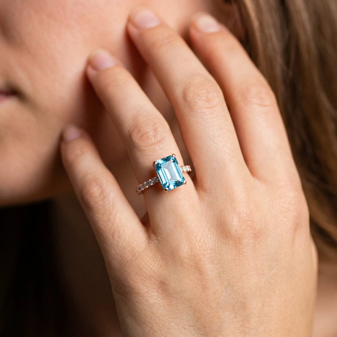 Rose gold Emerald Cut Blue Topaz Solitaire Ring with Round  Pavé Band and Four-Prong Setting_56
