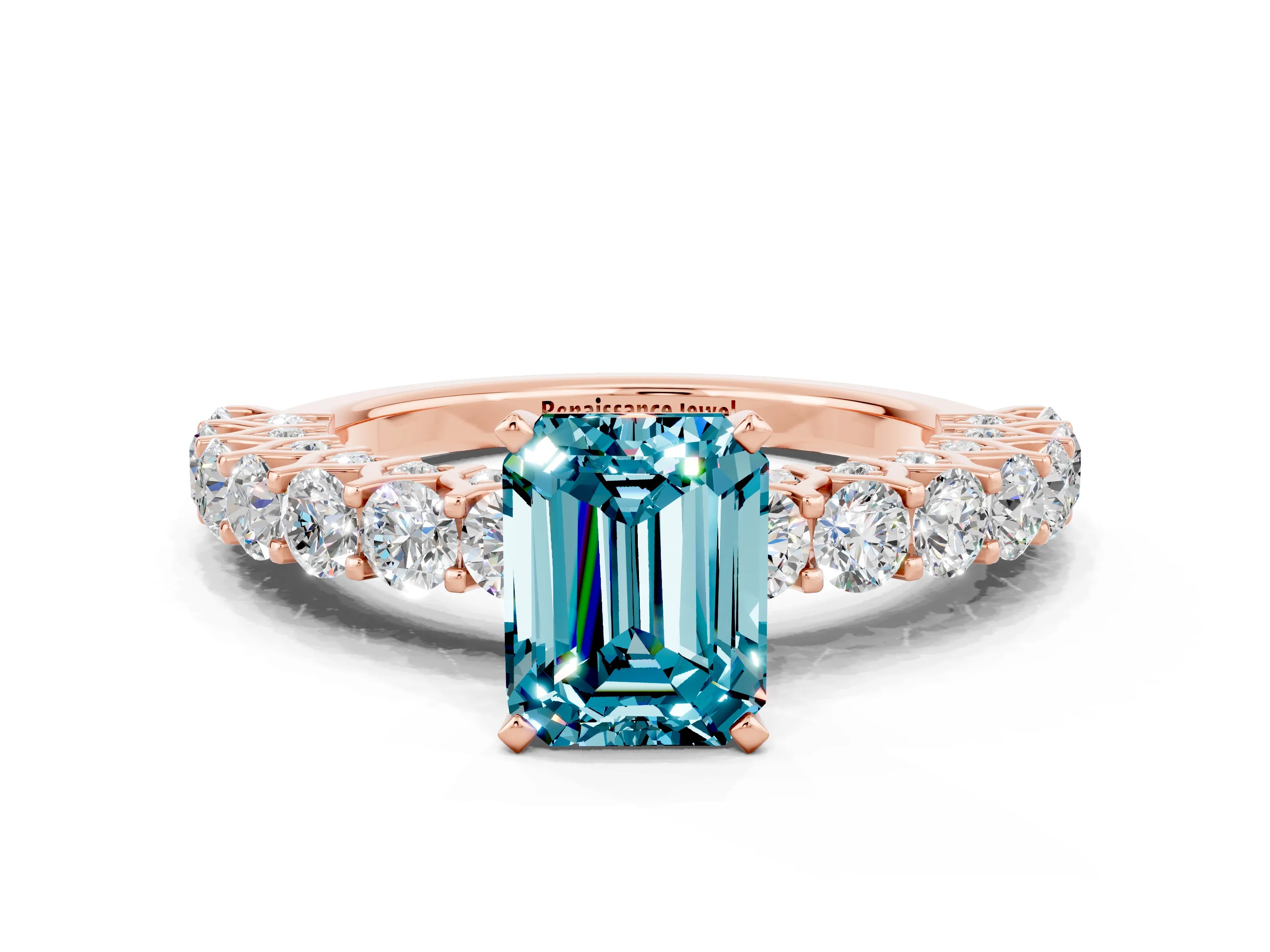 Rose gold Emerald Cut Blue Topaz Solitaire Ring with Shared Prong Pavé Band and Four-Prong Setting