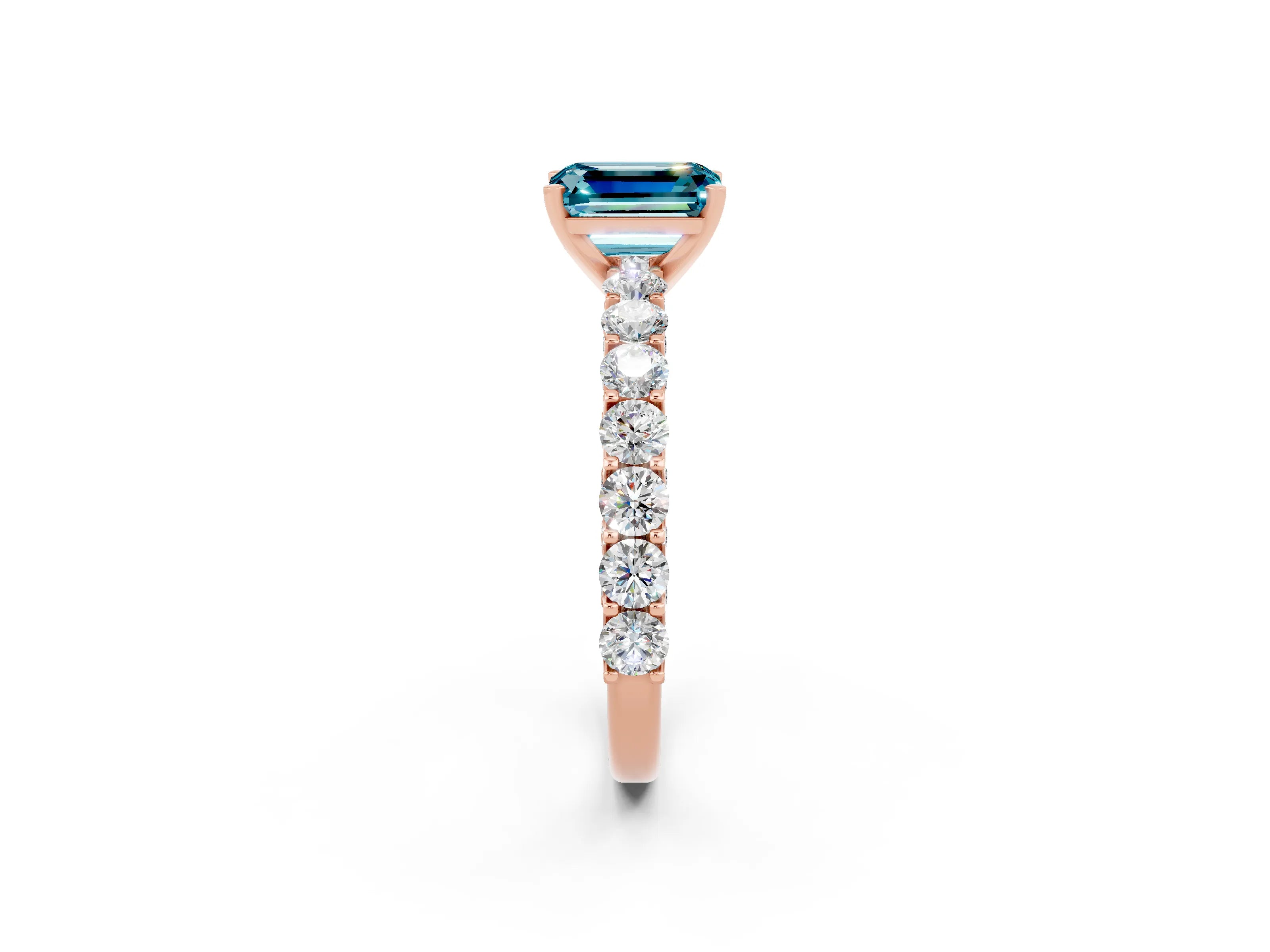 Rose gold Emerald Cut Blue Topaz Solitaire Ring with Shared Prong Pavé Band and Four-Prong Setting_2