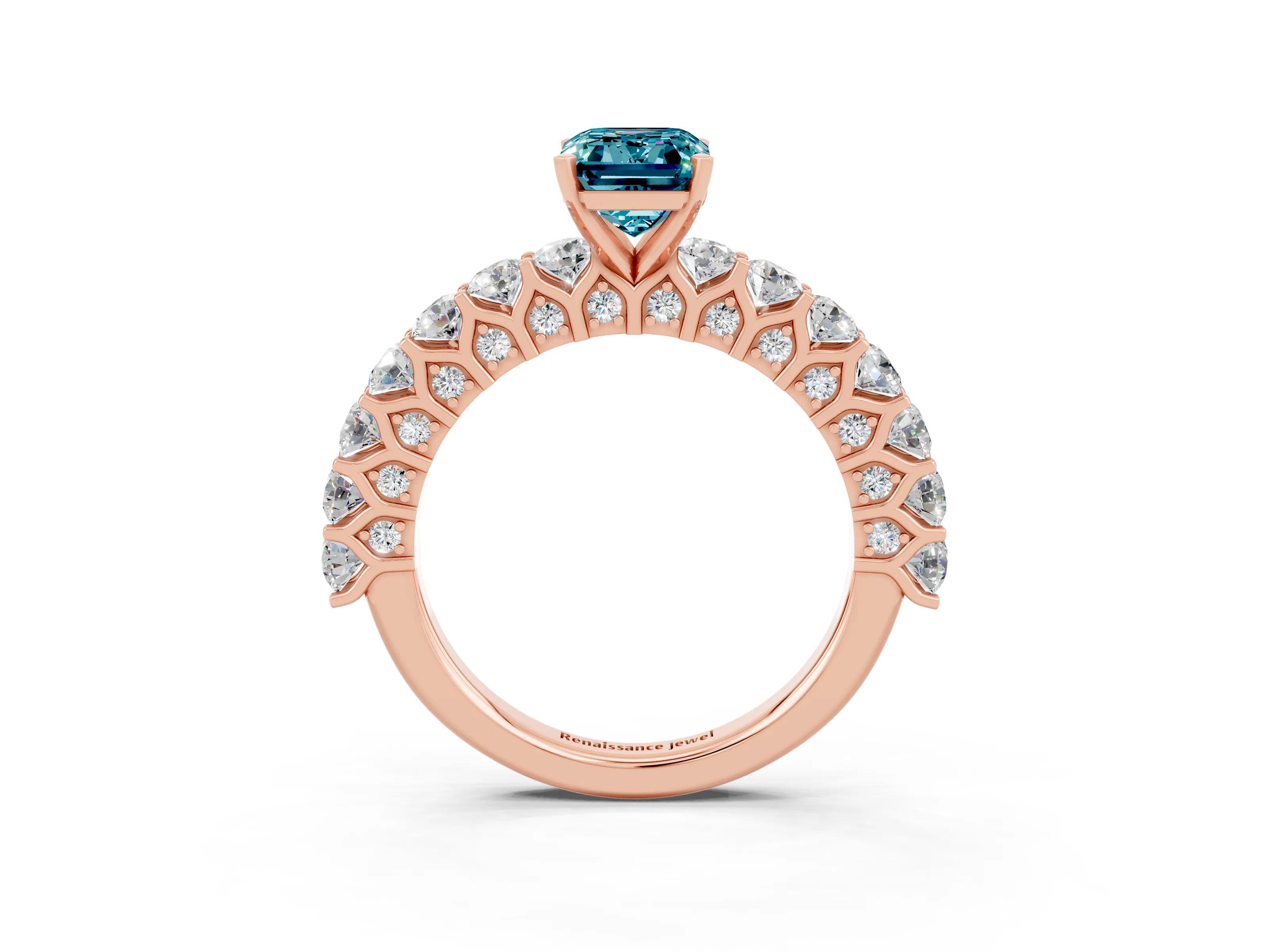 Rose gold Emerald Cut Blue Topaz Solitaire Ring with Shared Prong Pavé Band and Four-Prong Setting_3