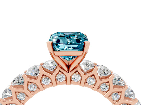 Rose gold Emerald Cut Blue Topaz Solitaire Ring with Shared Prong Pavé Band and Four-Prong Setting_4