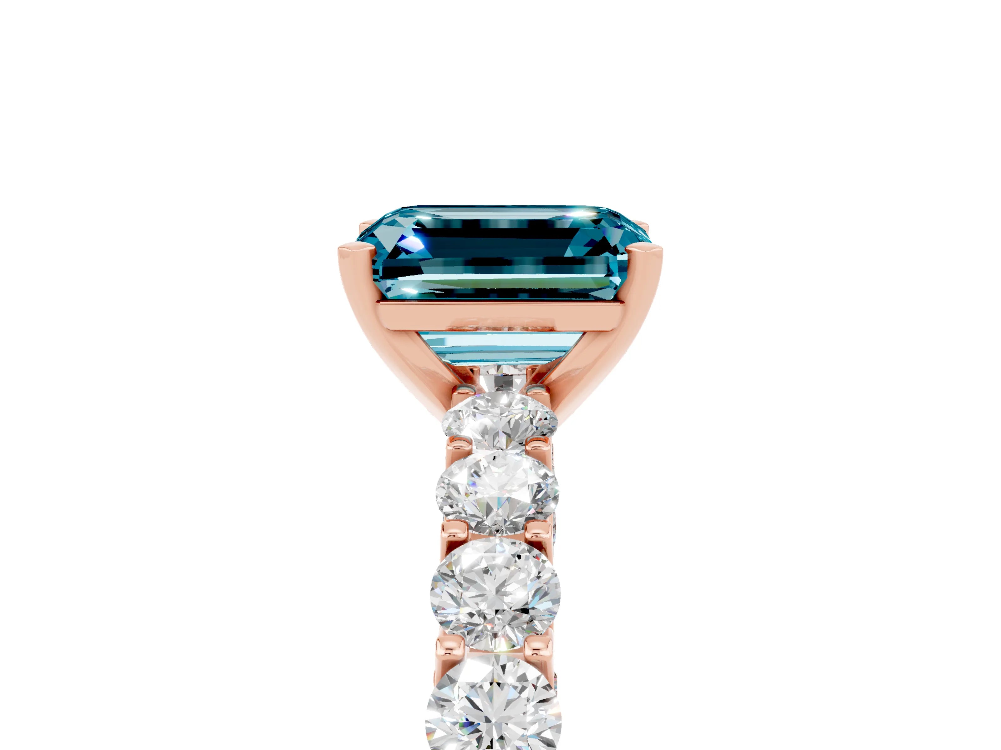 Rose gold Emerald Cut Blue Topaz Solitaire Ring with Shared Prong Pavé Band and Four-Prong Setting_5