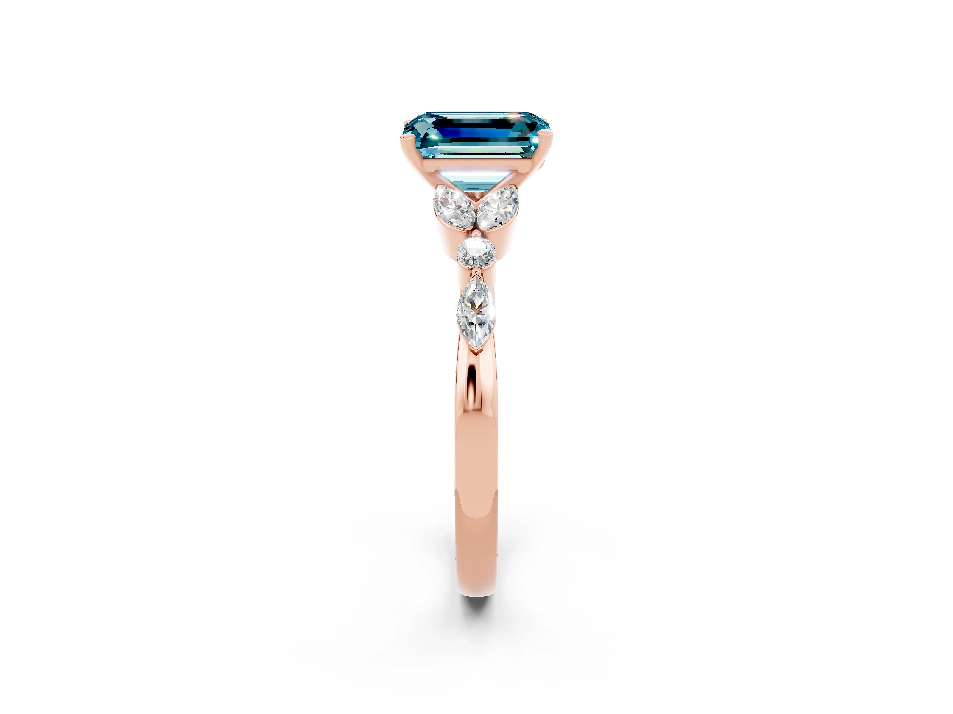 Rose gold Emerald Cut Blue Topaz Solitaire Ring with Side Stones and Four-Prong Setting_14