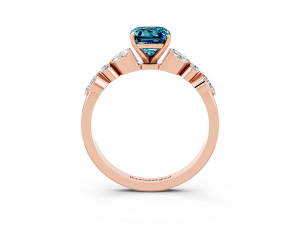 Rose gold Emerald Cut Blue Topaz Solitaire Ring with Side Stones and Four-Prong Setting