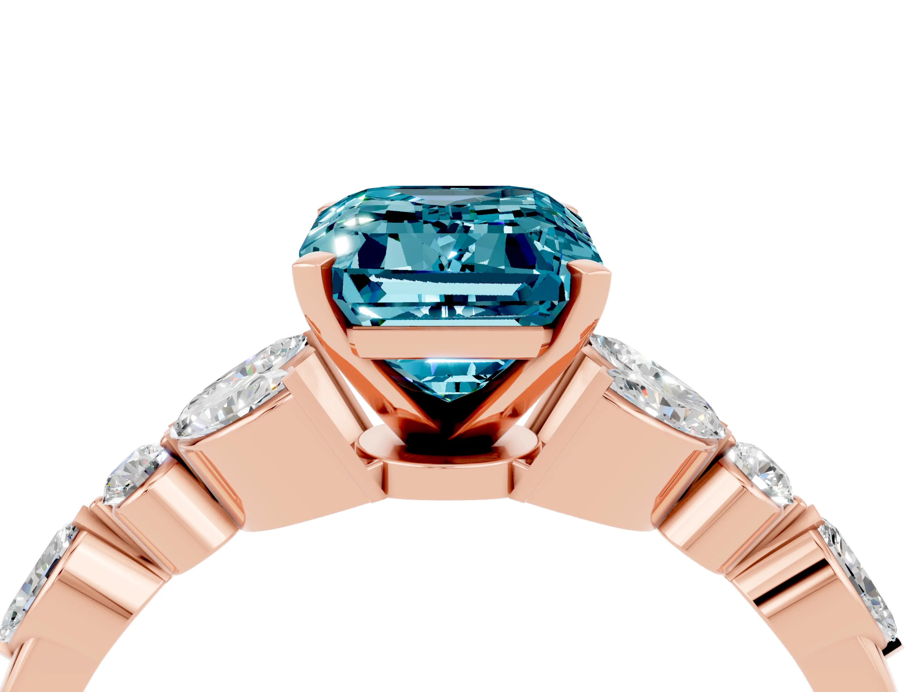 Rose gold Emerald Cut Blue Topaz Solitaire Ring with Side Stones and Four-Prong Setting_16