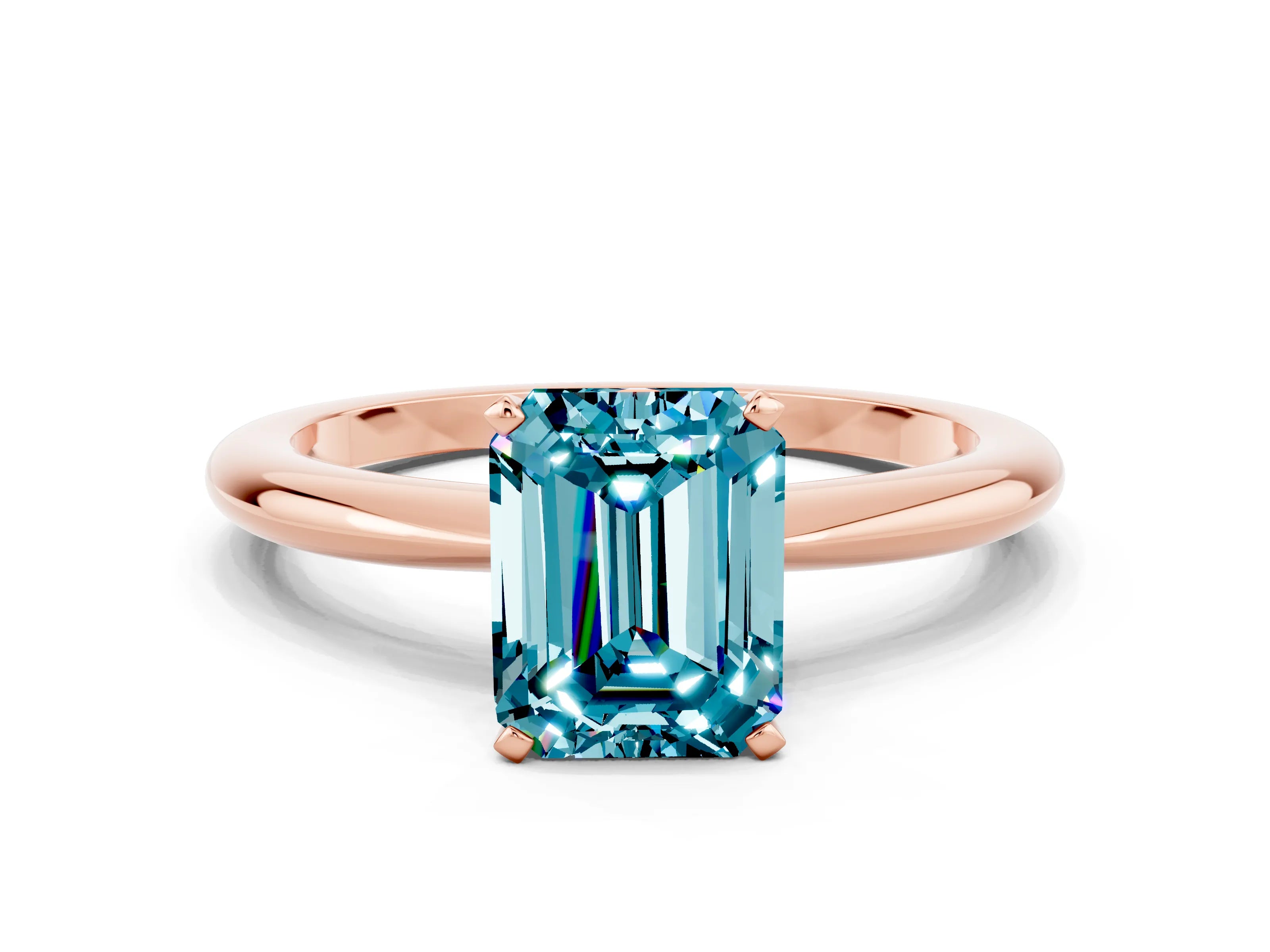 Rose gold Emerald Cut Blue Topaz Solitaire Ring with Six-Prong Setting and Classic Band