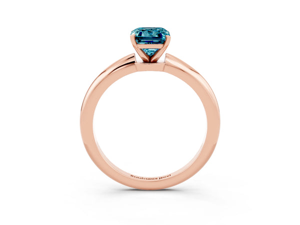 Rose gold Emerald Cut Blue Topaz Solitaire Ring with Six-Prong Setting and Classic Band