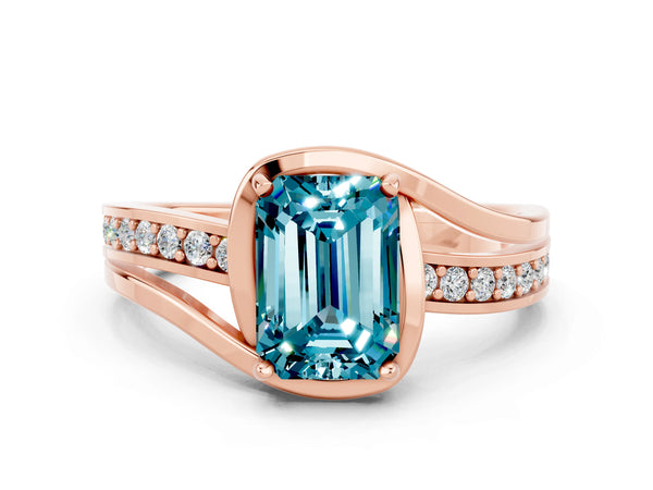Rose gold Emerald Cut Blue Topaz Solitaire Ring with Split Shank and Prong Setting