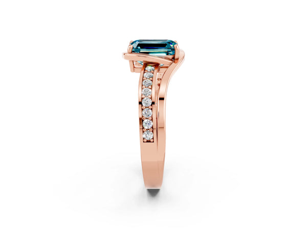 Rose gold Emerald Cut Blue Topaz Solitaire Ring with Split Shank and Prong Setting