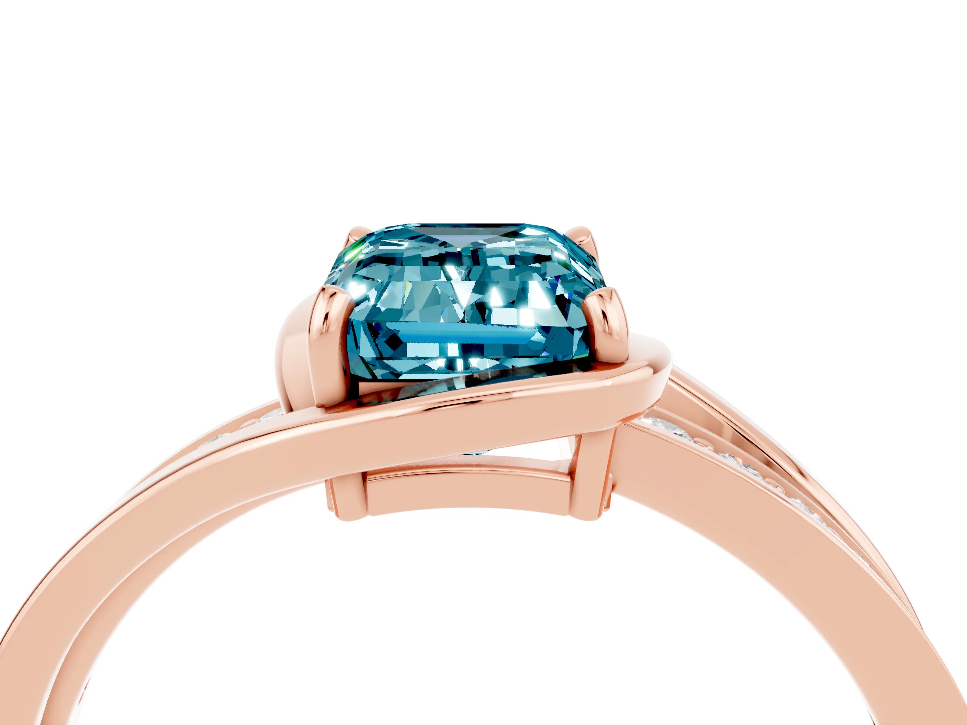 Rose gold Emerald Cut Blue Topaz Solitaire Ring with Split Shank and Prong Setting_4