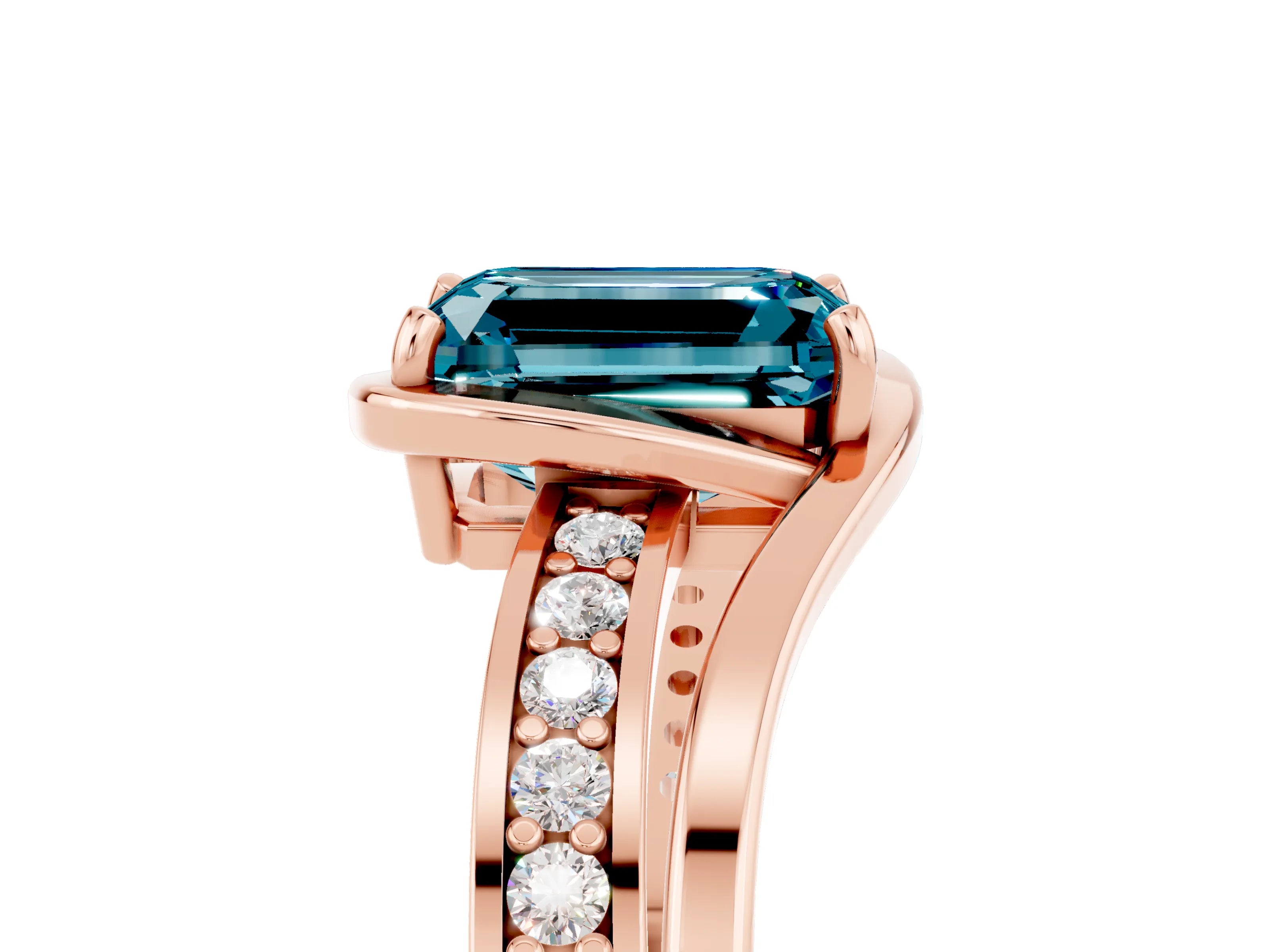 Rose gold Emerald Cut Blue Topaz Solitaire Ring with Split Shank and Prong Setting_5
