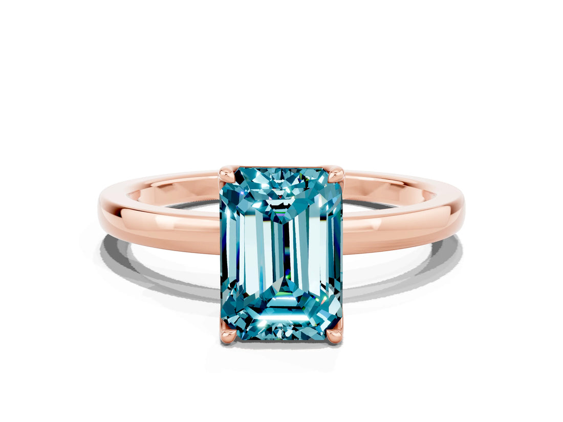 Rose gold Emerald Cut Blue Topaz Solitaire Ring with Thin Band and Prong Setting_18