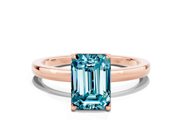 Rose gold Emerald Cut Blue Topaz Solitaire Ring with Thin Band and Prong Setting