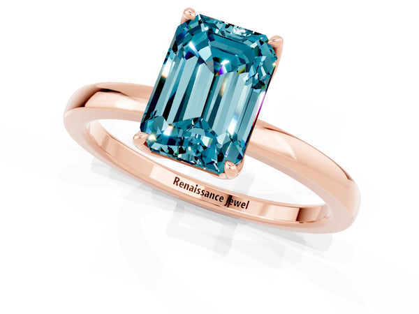 Rose gold Emerald Cut Blue Topaz Solitaire Ring with Thin Band and Prong Setting
