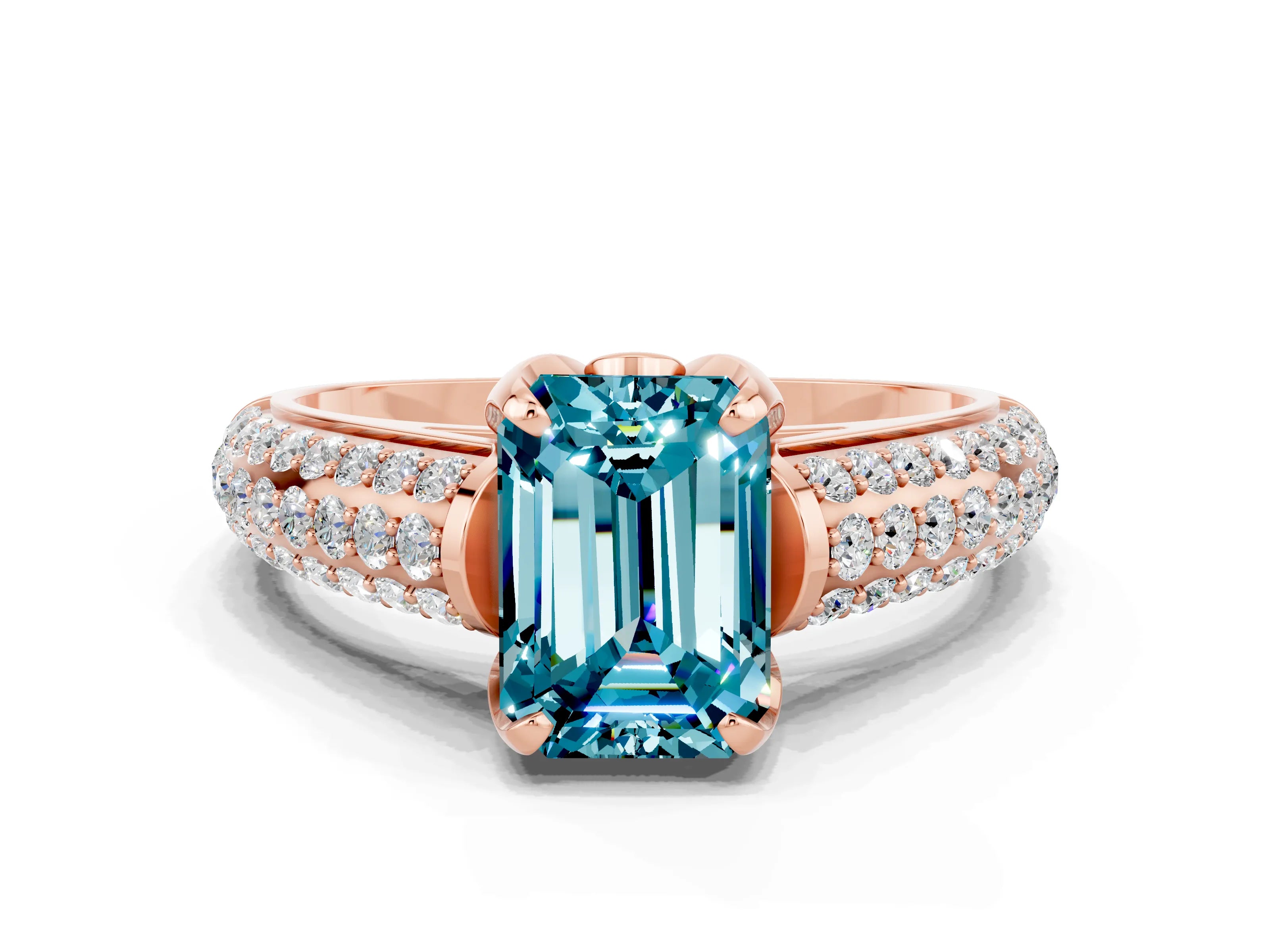 Rose gold Emerald Cut Blue Topaz Solitaire Ring with Three-Row Pavé Band and Four-Prong Setting_12