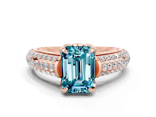 Rose gold Emerald Cut Blue Topaz Solitaire Ring with Three-Row Pavé Band and Four-Prong Setting