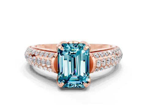 Rose gold Emerald Cut Blue Topaz Solitaire Ring with Three-Row Pavé Band and Four-Prong Setting_12
