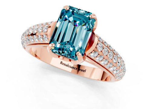 Rose gold Emerald Cut Blue Topaz Solitaire Ring with Three-Row Pavé Band and Four-Prong Setting_13