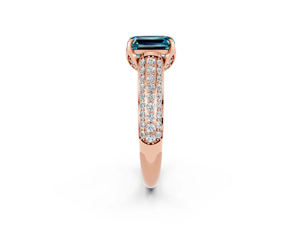 Rose gold Emerald Cut Blue Topaz Solitaire Ring with Three-Row Pavé Band and Four-Prong Setting