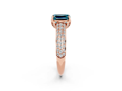 Rose gold Emerald Cut Blue Topaz Solitaire Ring with Three-Row Pavé Band and Four-Prong Setting_14