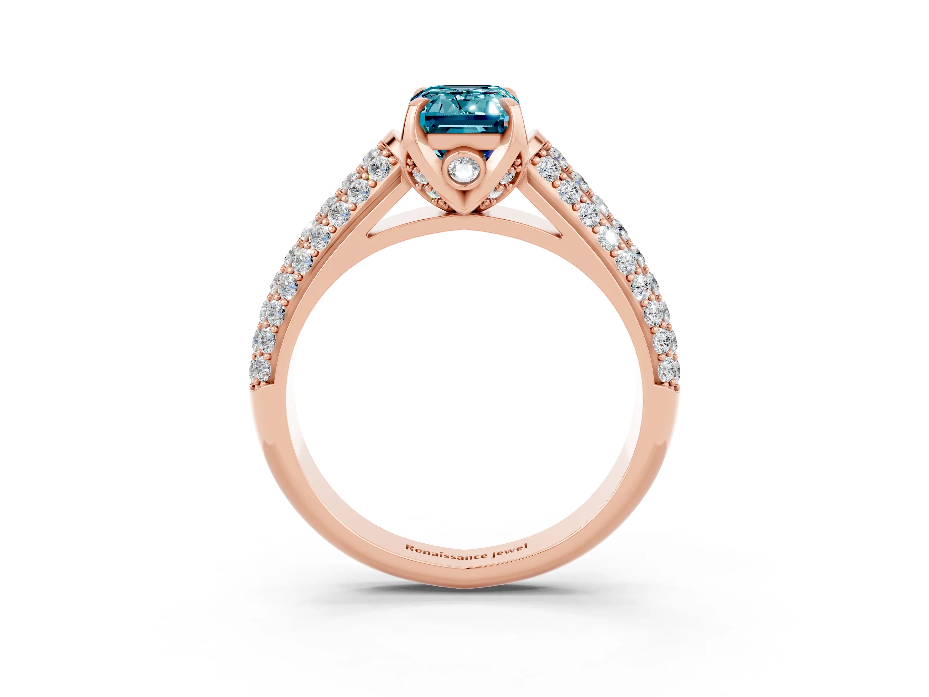 Rose gold Emerald Cut Blue Topaz Solitaire Ring with Three-Row Pavé Band and Four-Prong Setting_15
