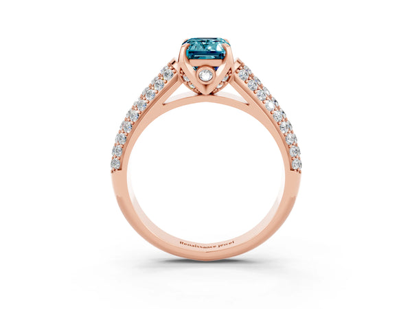 Rose gold Emerald Cut Blue Topaz Solitaire Ring with Three-Row Pavé Band and Four-Prong Setting