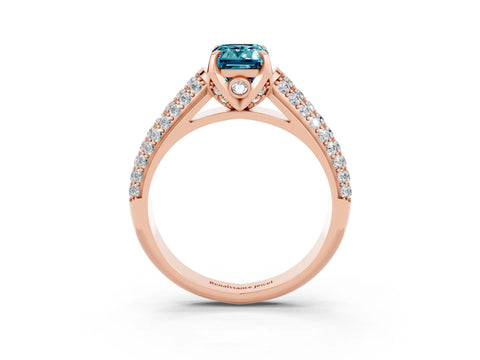 Rose gold Emerald Cut Blue Topaz Solitaire Ring with Three-Row Pavé Band and Four-Prong Setting_15