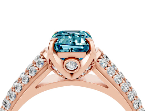 Rose gold Emerald Cut Blue Topaz Solitaire Ring with Three-Row Pavé Band and Four-Prong Setting_16
