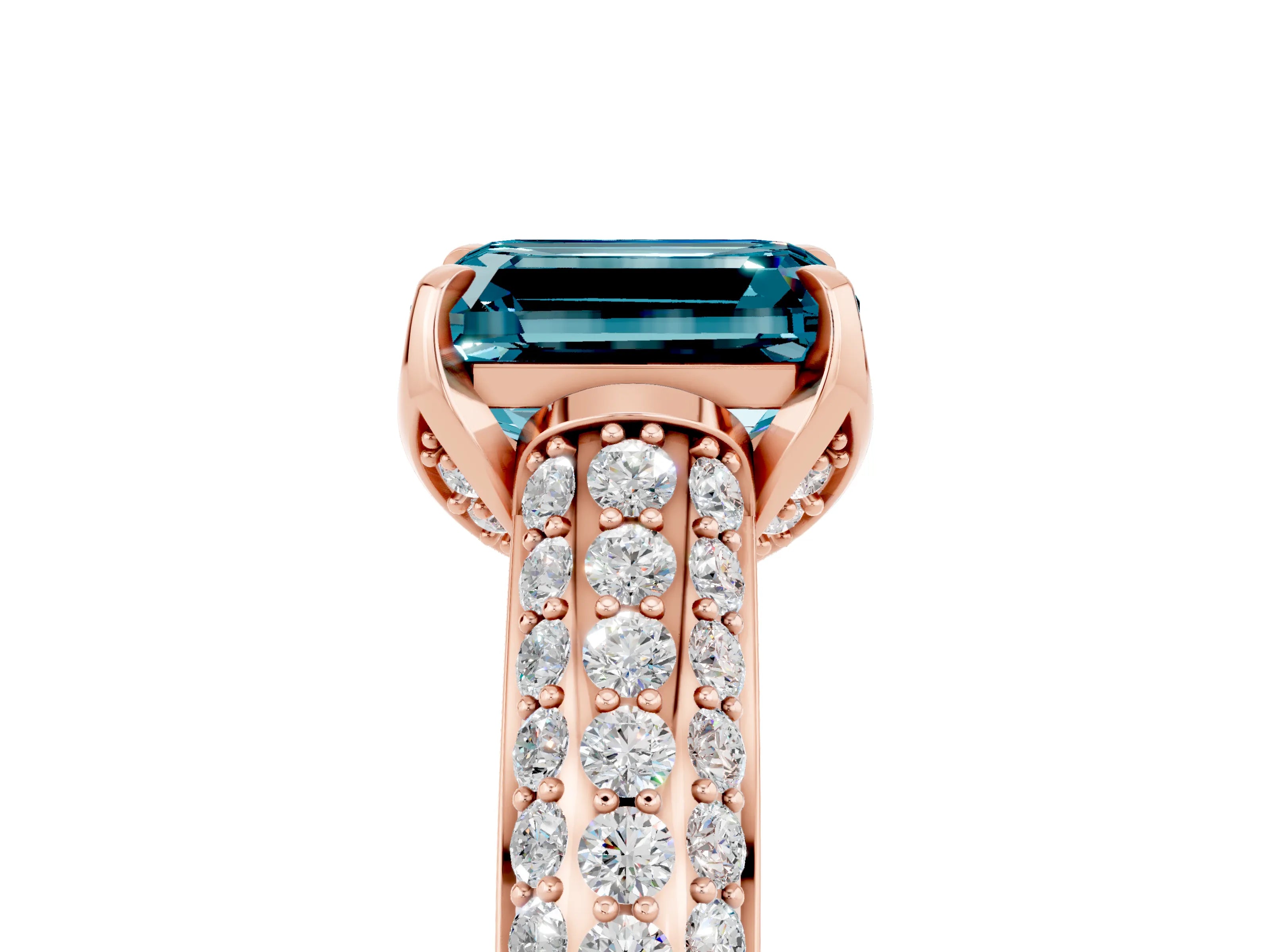 Rose gold Emerald Cut Blue Topaz Solitaire Ring with Three-Row Pavé Band and Four-Prong Setting_17