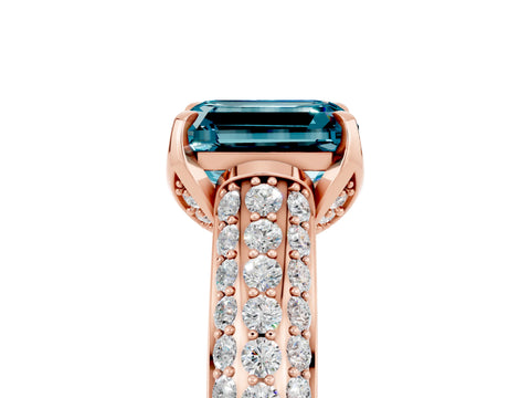 Rose gold Emerald Cut Blue Topaz Solitaire Ring with Three-Row Pavé Band and Four-Prong Setting_17