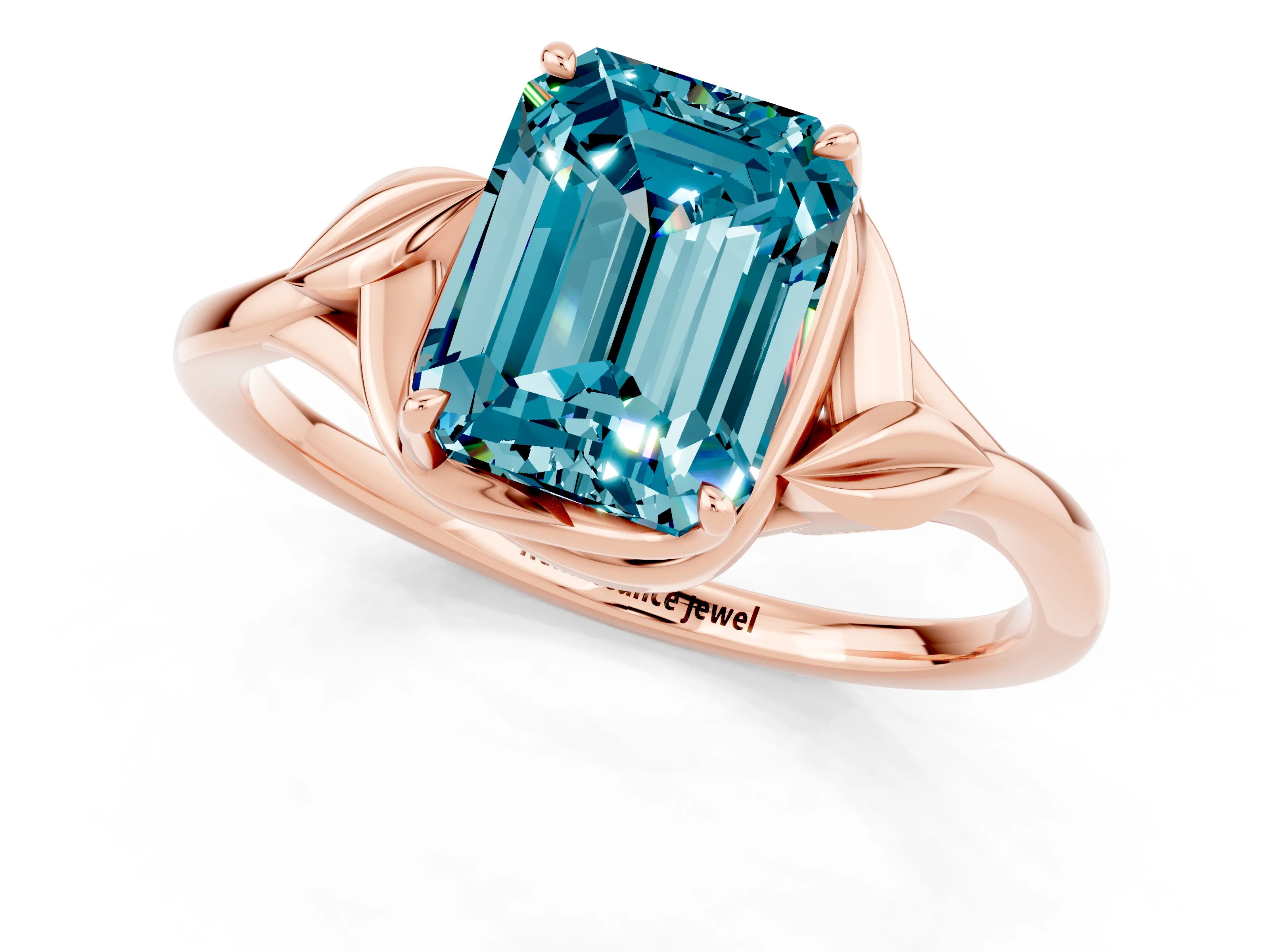 Rose gold Emerald Cut Blue Topaz Solitaire Ring with Twist Band and Four-Prong Setting_25