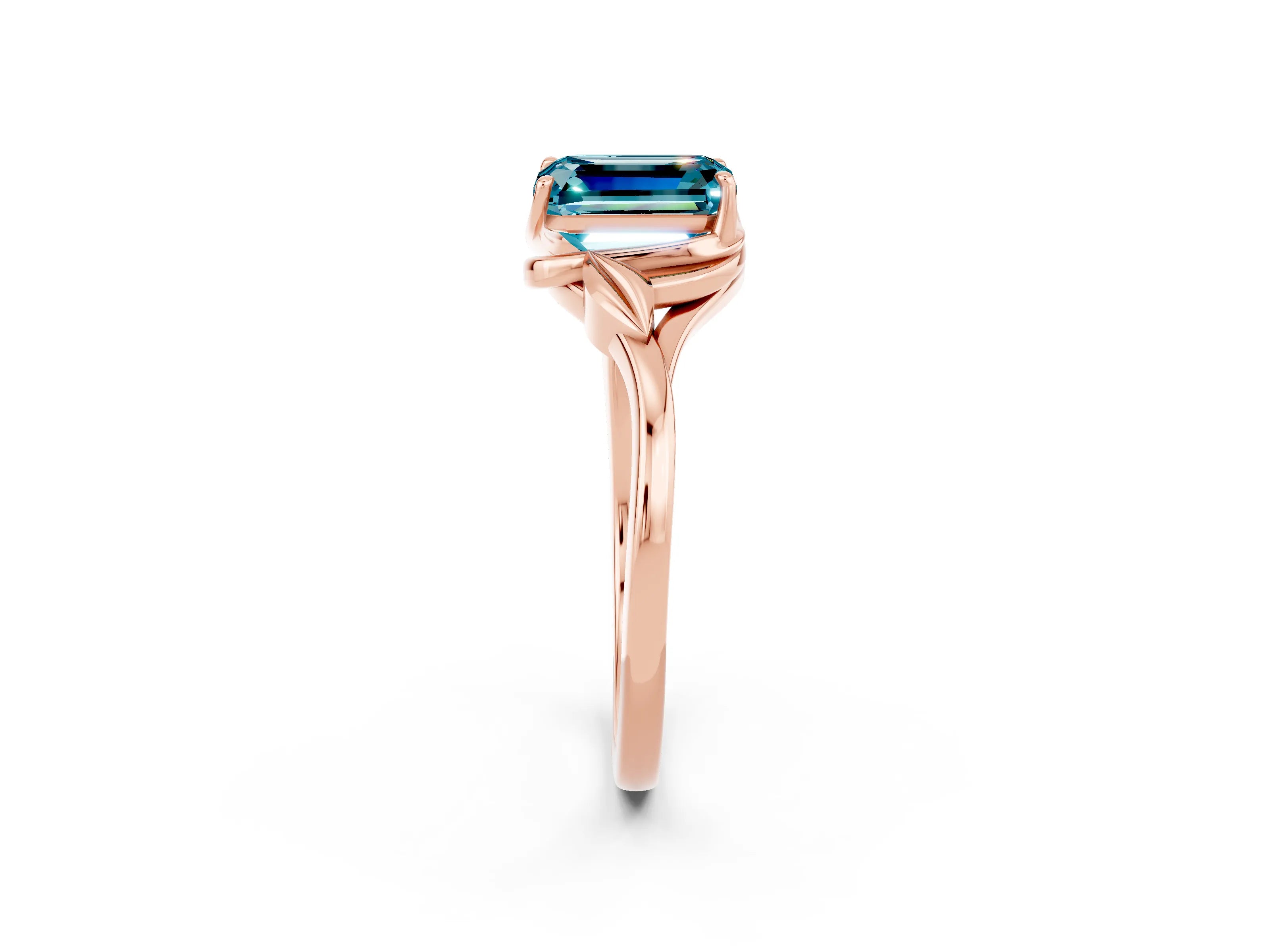 Rose gold Emerald Cut Blue Topaz Solitaire Ring with Twist Band and Four-Prong Setting_26