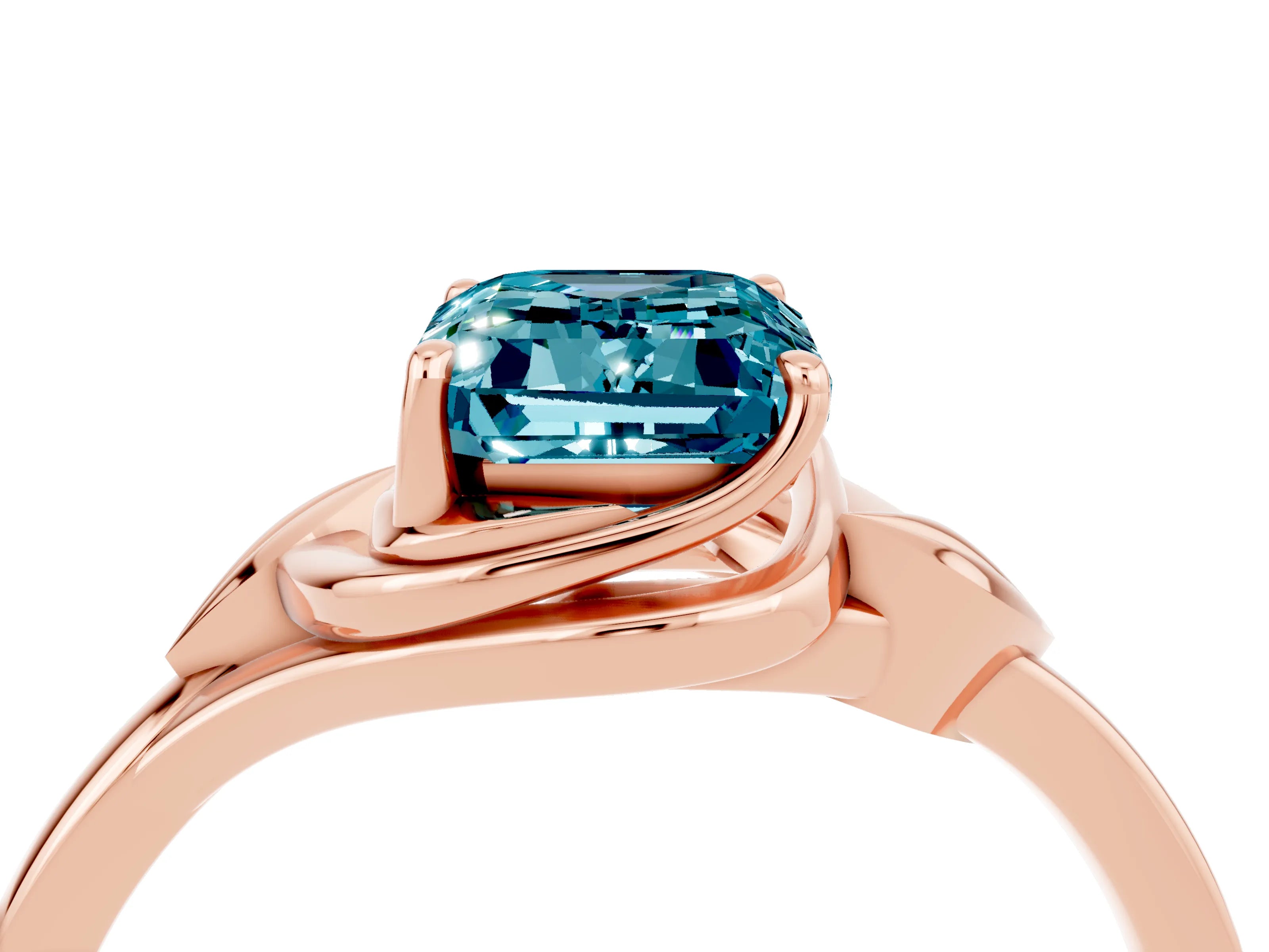 Rose gold Emerald Cut Blue Topaz Solitaire Ring with Twist Band and Four-Prong Setting_28