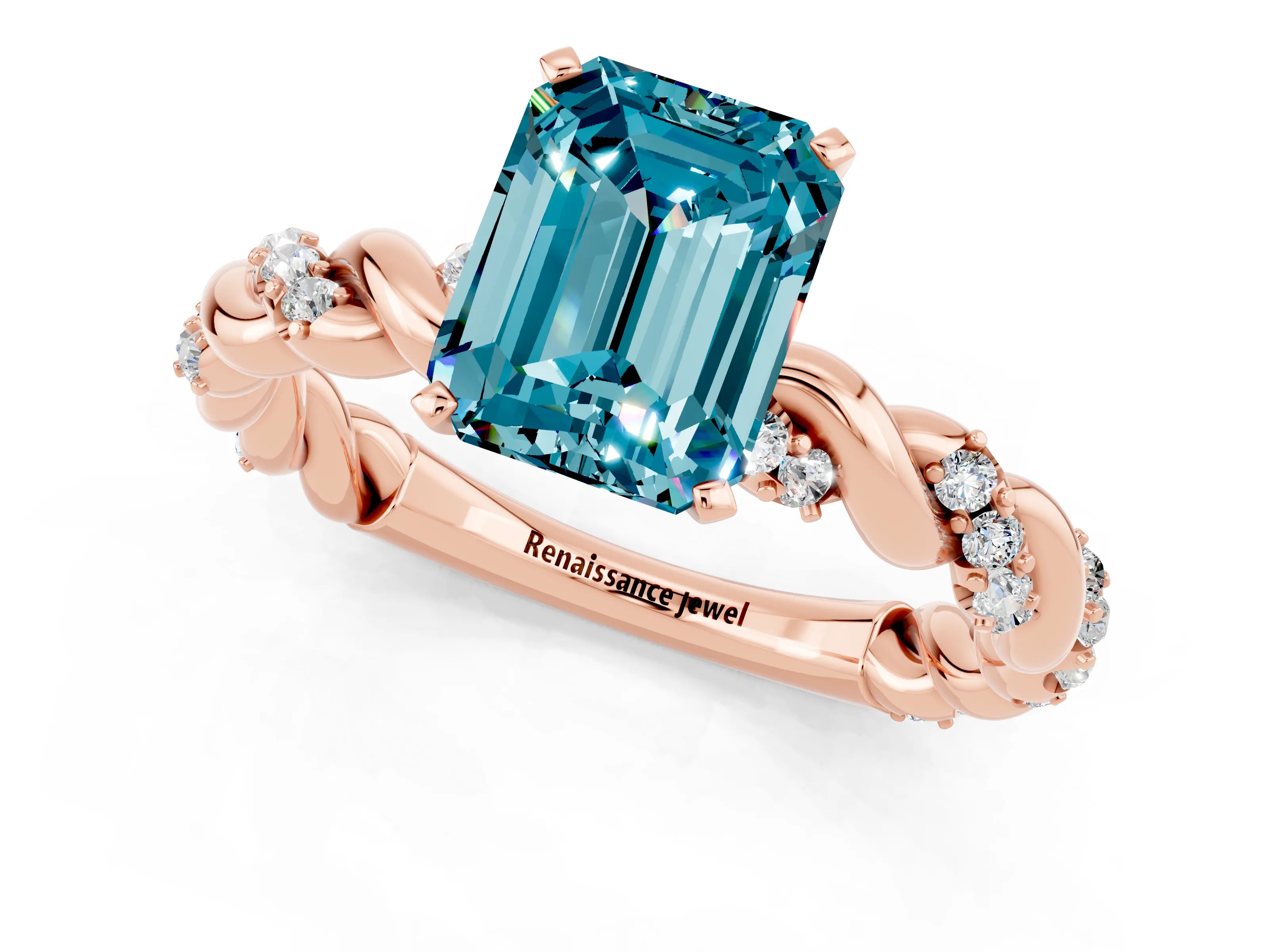 Rose gold Emerald Cut Blue Topaz Solitaire Ring with Twisted Band and Pavé Accents_1