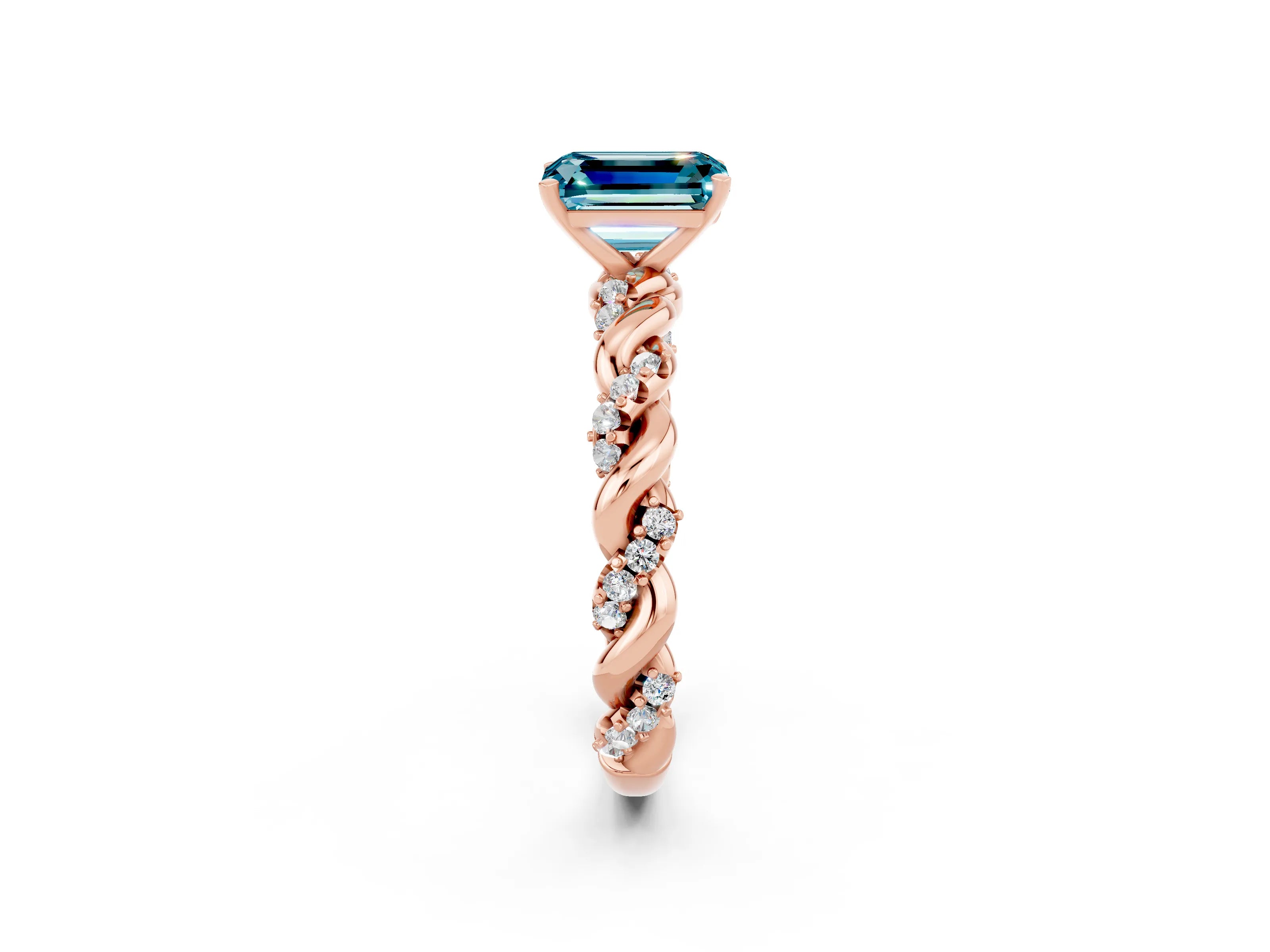 Rose gold Emerald Cut Blue Topaz Solitaire Ring with Twisted Band and Pavé Accents_2