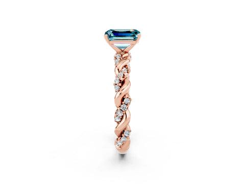Rose gold Emerald Cut Blue Topaz Solitaire Ring with Twisted Band and Pavé Accents_2