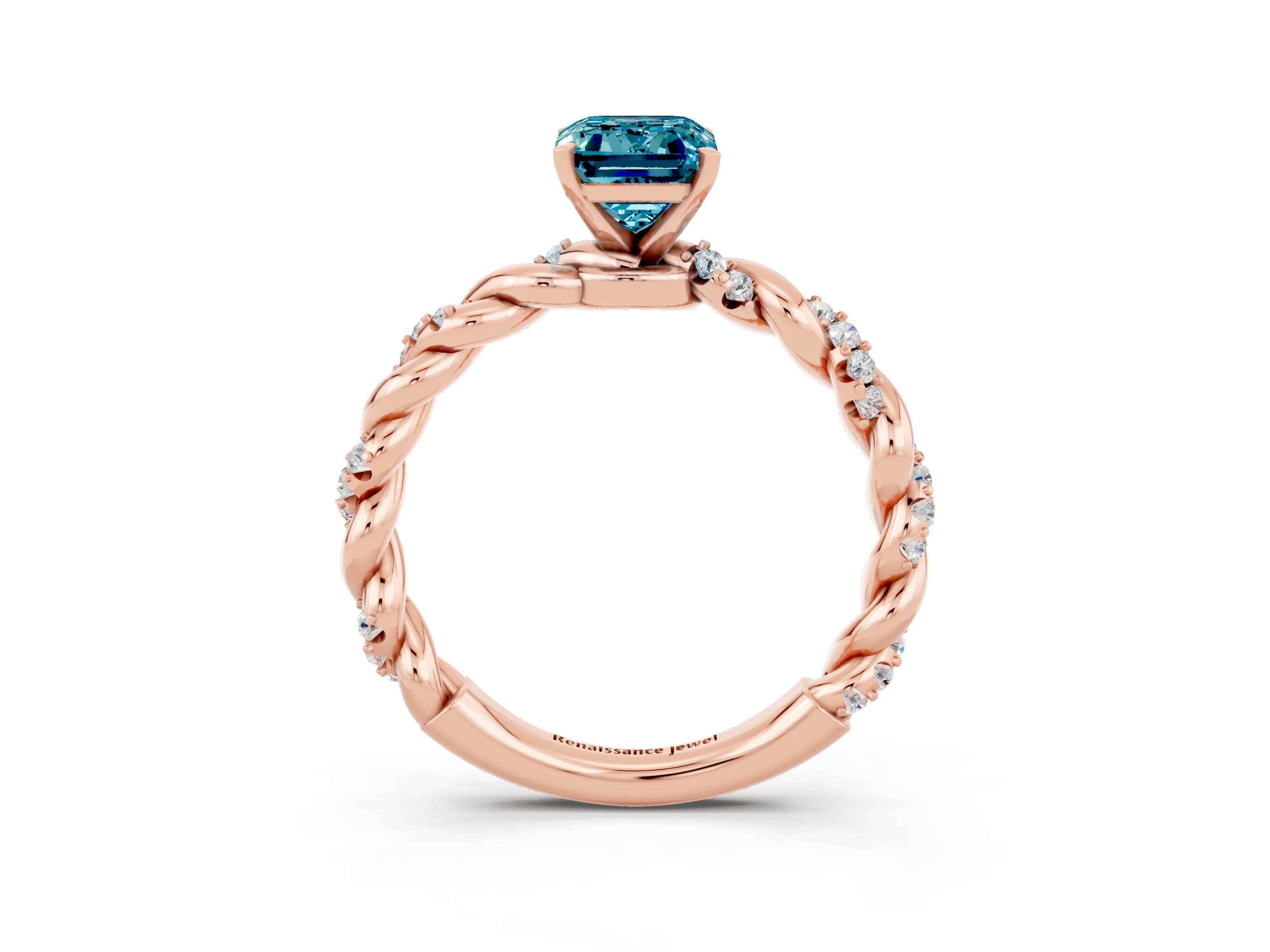 Rose gold Emerald Cut Blue Topaz Solitaire Ring with Twisted Band and Pavé Accents_3