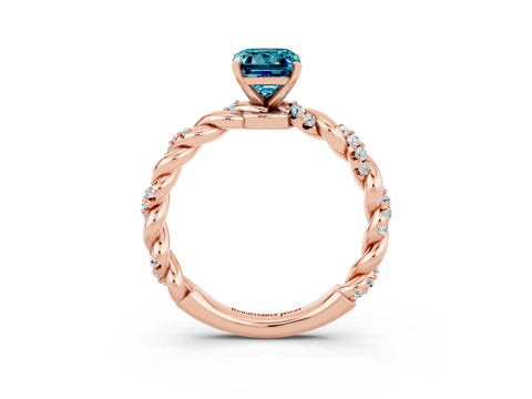 Rose gold Emerald Cut Blue Topaz Solitaire Ring with Twisted Band and Pavé Accents_3