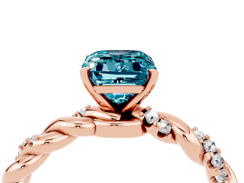 Rose gold Emerald Cut Blue Topaz Solitaire Ring with Twisted Band and Pavé Accents_4