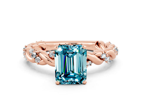 Rose gold Emerald Cut Blue Topaz Solitaire Ring with Twisted Band and Pavé Accents