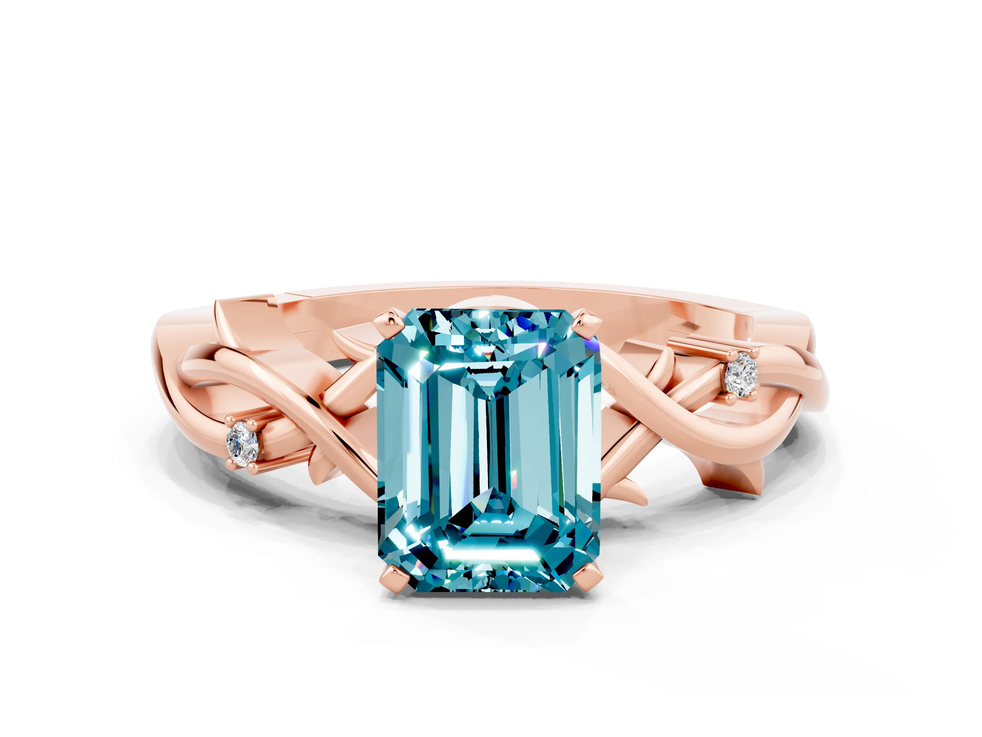 Rose gold Emerald Cut Blue Topaz Solitaire Ring with Twisted Band and Prong Setting