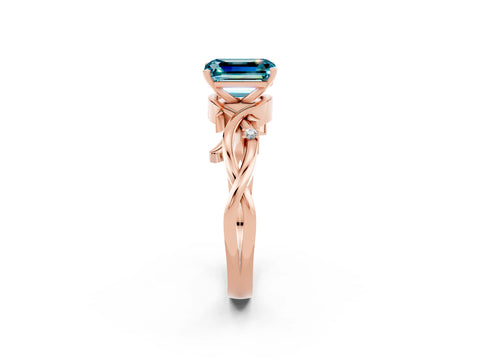 Rose gold Emerald Cut Blue Topaz Solitaire Ring with Twisted Band and Prong Setting_2