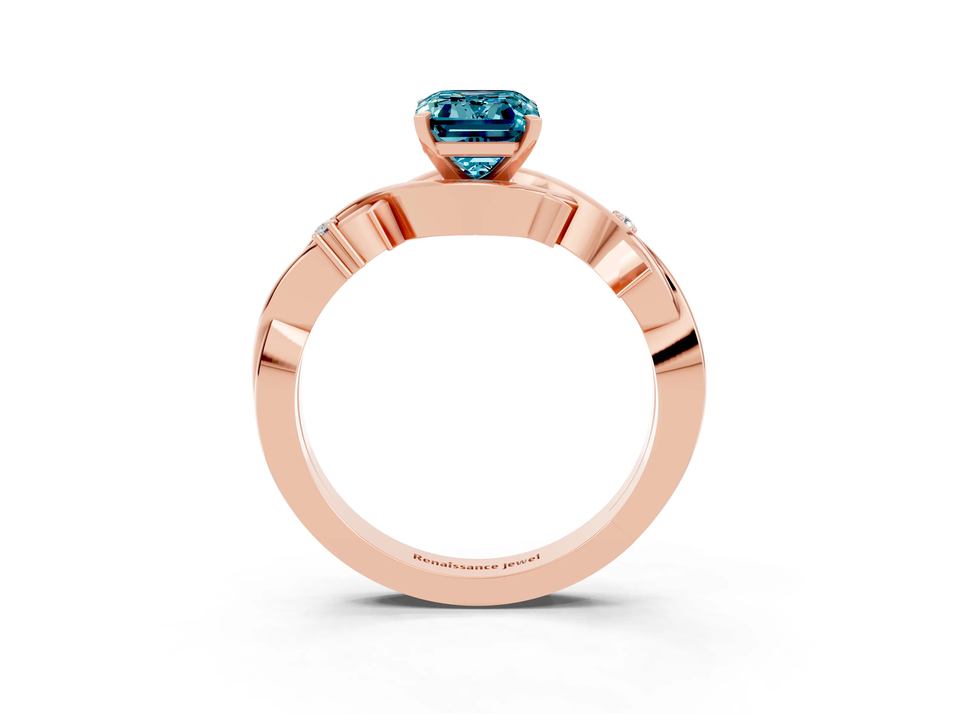 Rose gold Emerald Cut Blue Topaz Solitaire Ring with Twisted Band and Prong Setting_3