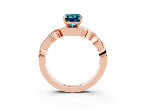Rose gold Emerald Cut Blue Topaz Solitaire Ring with Twisted Band and Prong Setting_3