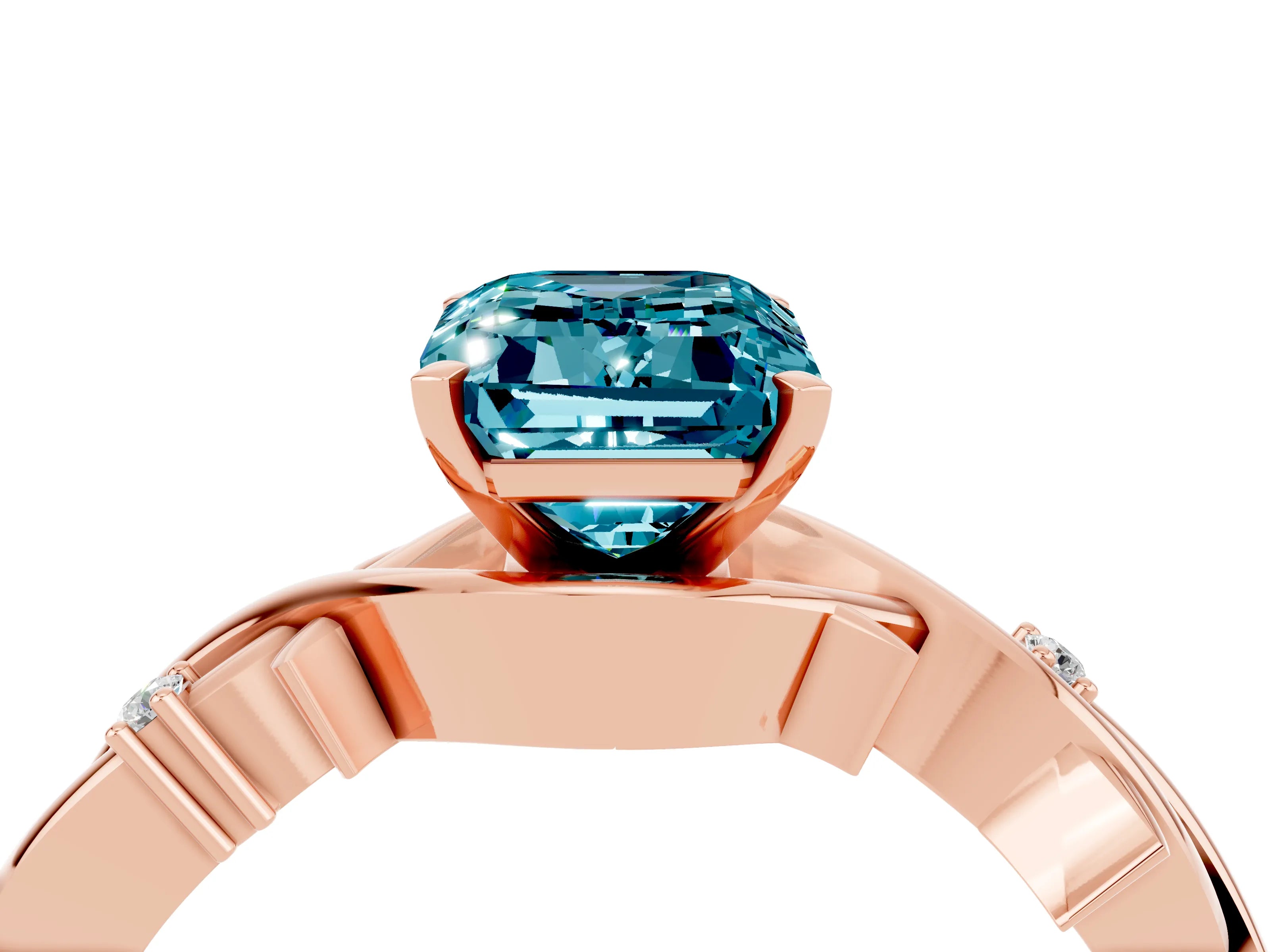 Rose gold Emerald Cut Blue Topaz Solitaire Ring with Twisted Band and Prong Setting_4
