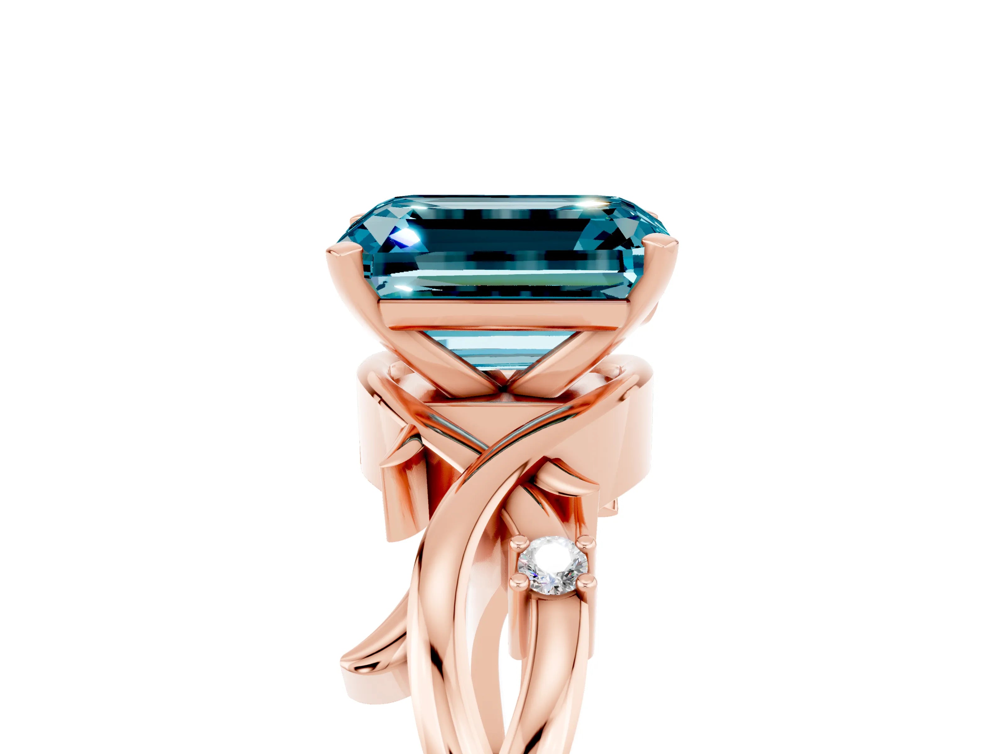 Rose gold Emerald Cut Blue Topaz Solitaire Ring with Twisted Band and Prong Setting_5