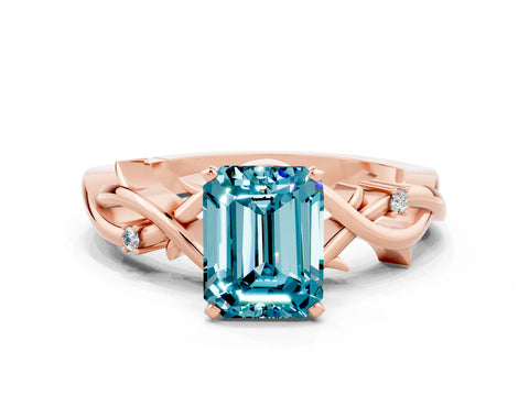 Rose gold Emerald Cut Blue Topaz Solitaire Ring with Twisted Band and Prong Setting