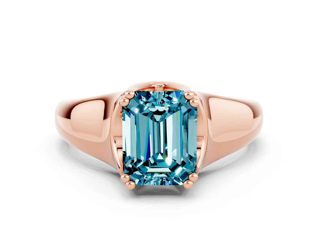Rose gold Emerald Cut Blue Topaz Solitaire Ring with Wide Band and Prong Setting