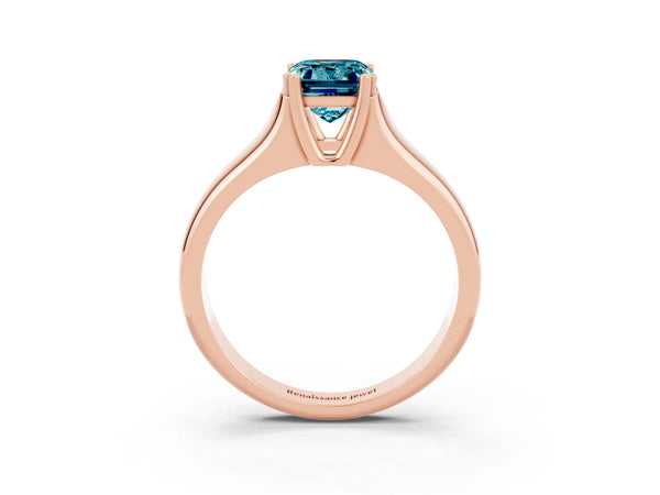 Rose gold Emerald Cut Blue Topaz Solitaire Ring with Wide Band and Prong Setting