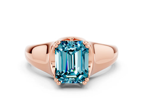 Rose gold Emerald Cut Blue Topaz Solitaire Ring with Wide Band and Prong Setting